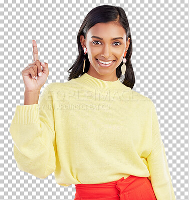 Buy stock photo Hand pointing, portrait and happy Indian woman on isolated, transparent and png background with announcement. Face, finger and lady smile for presentation, timeline or checklist or coming soon news