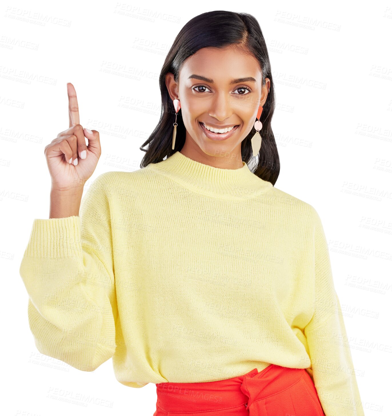 Buy stock photo Hand pointing, portrait and happy Indian woman on isolated, transparent and png background with announcement. Face, finger and lady smile for presentation, timeline or checklist or coming soon news