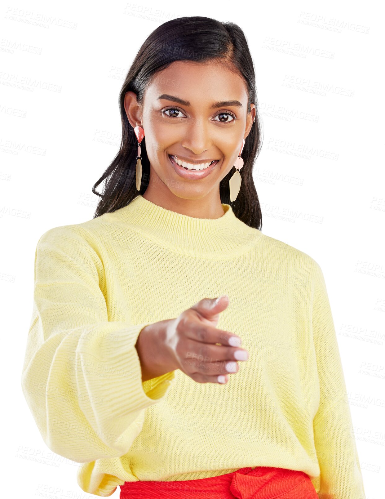 Buy stock photo Happy indian woman, portrait and offer handshake for agreement, partnership or HR recruitment isolated on transparent png background. Female model shaking hands for welcome, thank you or introduction