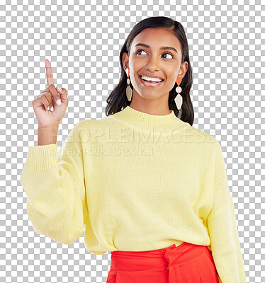 Buy stock photo Face of woman, pointing with a hand and smile for choice or  mockup of decision on transparent, isolated or png background. Indian, girl with an idea and happy to show an option on promotion