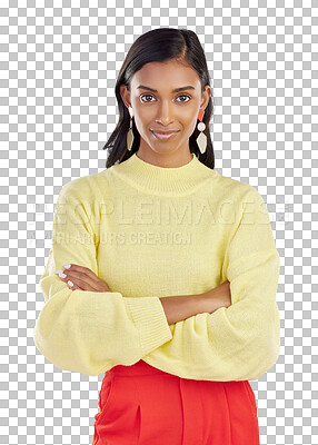 Buy stock photo Fashion, confidence and portrait of a woman with arms crossed isolated on a transparent png background. Face, stylish outfit and Indian female model with pride for aesthetic in trendy casual clothes