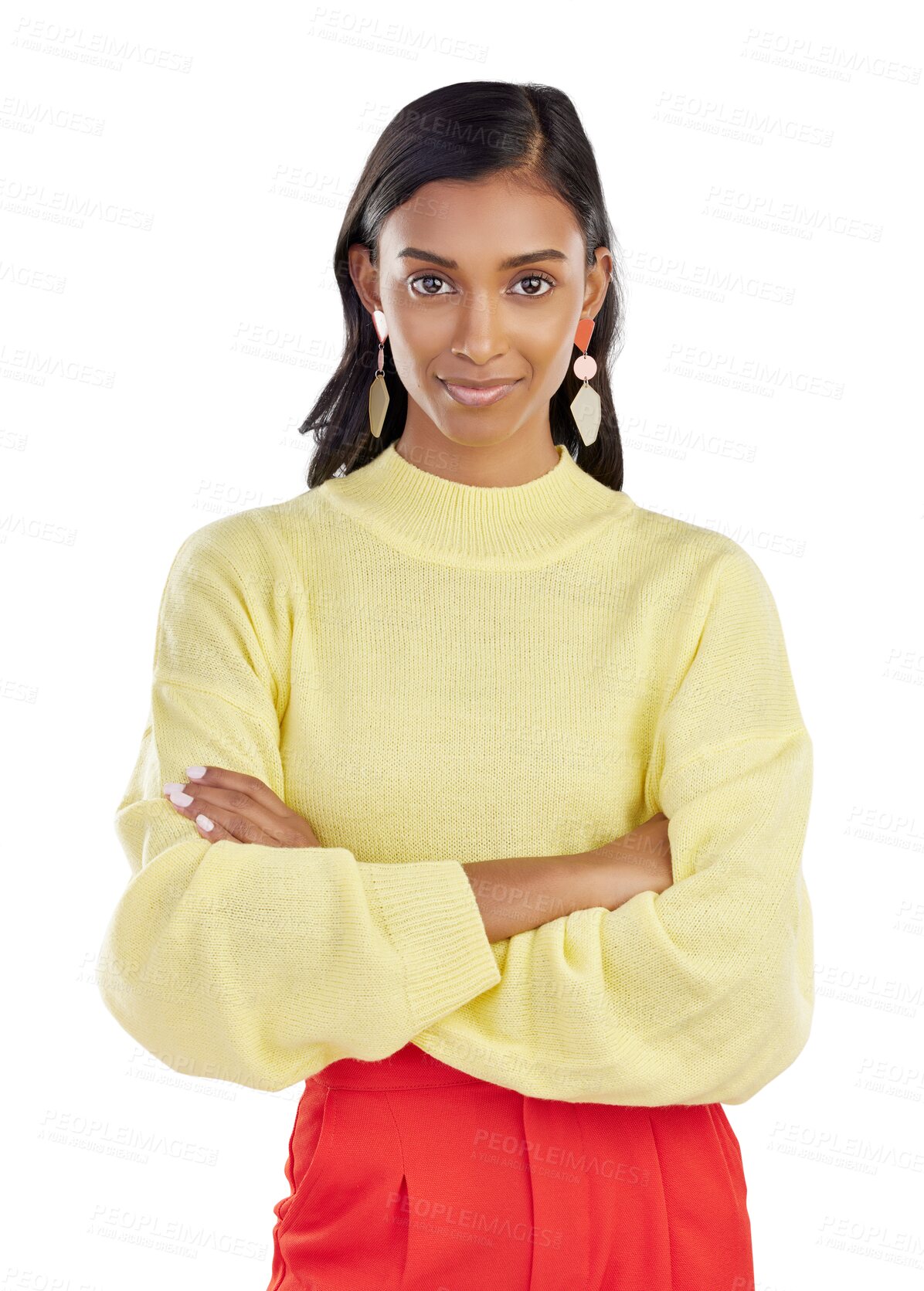 Buy stock photo Fashion, confidence and portrait of a woman with arms crossed isolated on a transparent png background. Face, stylish outfit and Indian female model with pride for aesthetic in trendy casual clothes