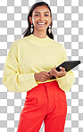 Happy, work and portrait of a woman with a tablet isolated on a