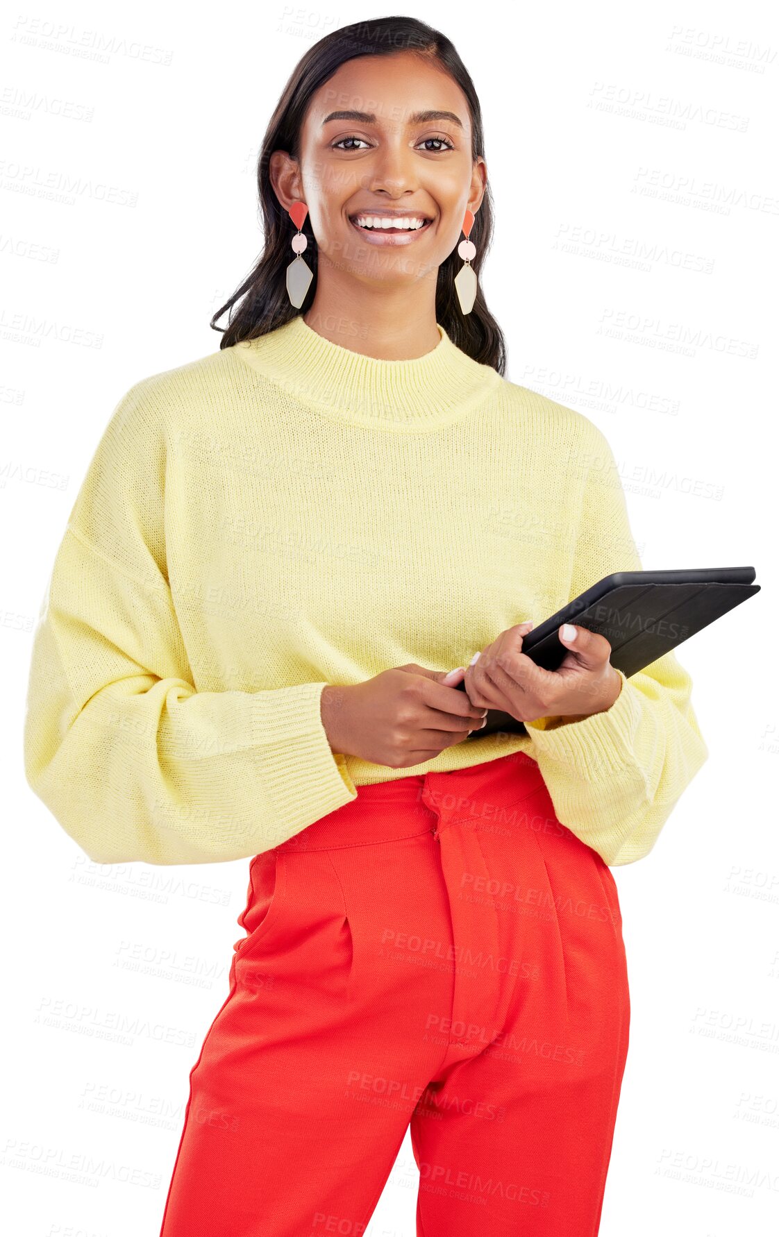 Buy stock photo Happy, designer and portrait of a woman with a tablet isolated on a transparent png background. Smile, tech and creative professional, Indian entrepreneur or worker on social media, email or internet