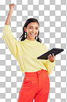 Winner, excited and portrait of woman on tablet for online bonus