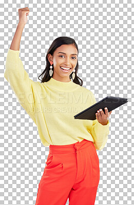 Buy stock photo Portrait, excited and face with indian woman with tablet in png or transparent and isolated background. Success, celebration and girl with tech for promotion with happiness for bonus or surprise.