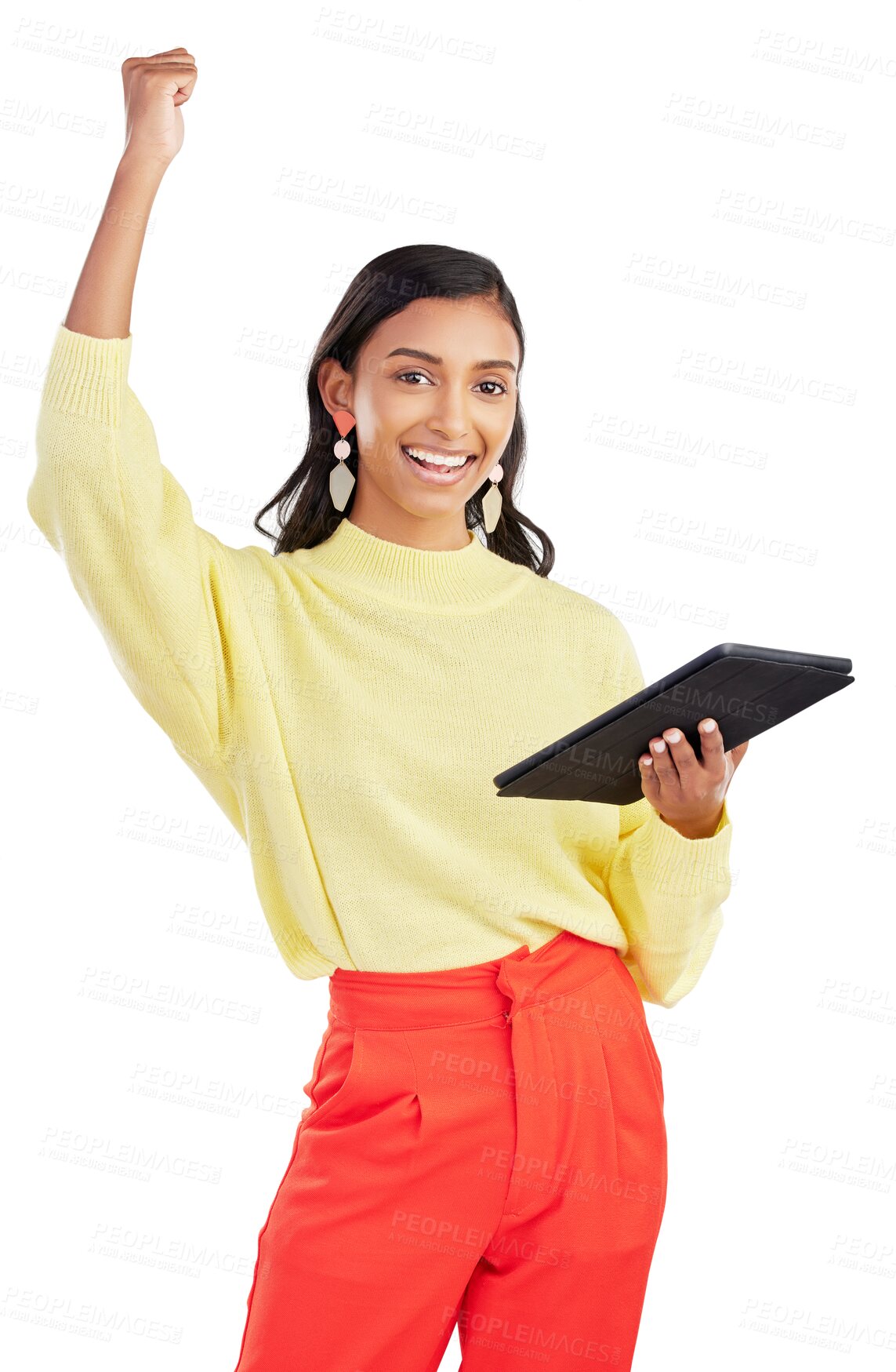 Buy stock photo Portrait, excited and face with indian woman with tablet in png or transparent and isolated background. Success, celebration and girl with tech for promotion with happiness for bonus or surprise.