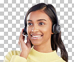 Woman has smile on face, callcenter and headset with mic, CRM an