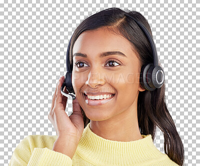 Buy stock photo Call center, woman and face of consultant for customer service, contact us or isolated on transparent png background. Happy indian female telemarketing agent thinking of advice, help or CRM questions