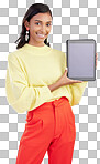 Tablet, mockup and portrait of woman isolated on a white backgro