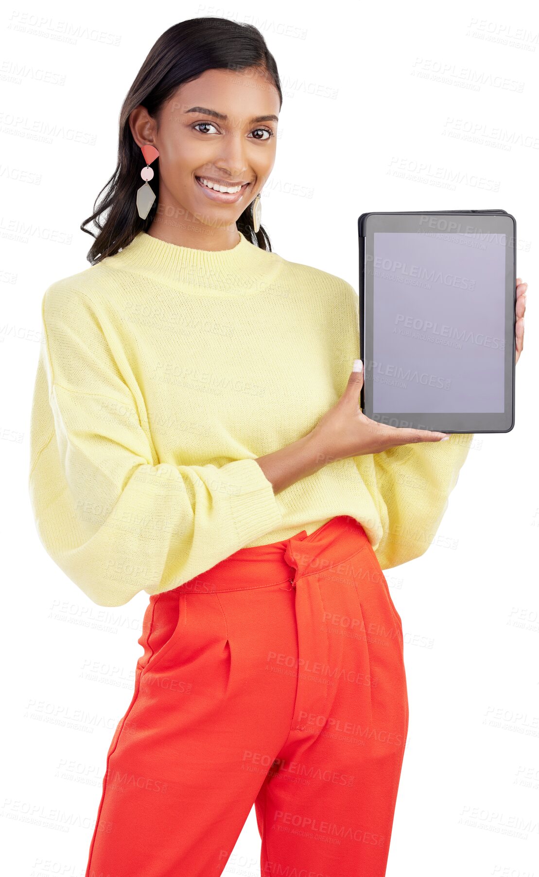 Buy stock photo Tablet, mockup or portrait of woman with ux space on app, website or isolated on transparent png background. Happy indian model show presentation of digital technology, mock up or advertising ui data