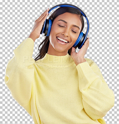 Woman with headphones, listening to music and happy on studio ba