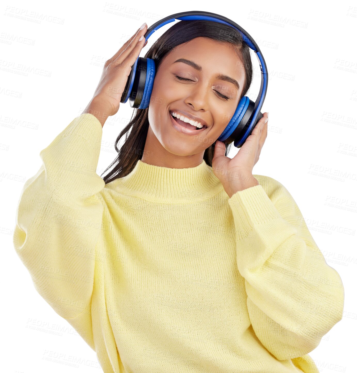 Buy stock photo Indian woman, headphones and listening to music isolated on transparent png background for freedom. Face of happy female model hearing radio, audio song or sound of podcast, media and streaming album