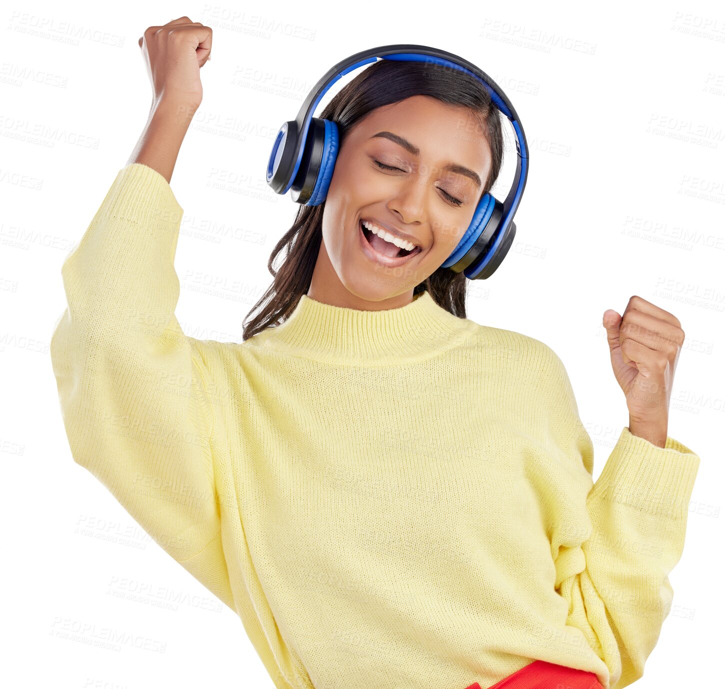 Buy stock photo Indian woman, headphones and dance to music isolated on transparent png background for freedom. Face, happy female model and listening to radio, audio song or sound with energy, singing and excited