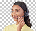 Happy woman has smile on face, callcenter and headset with mic,