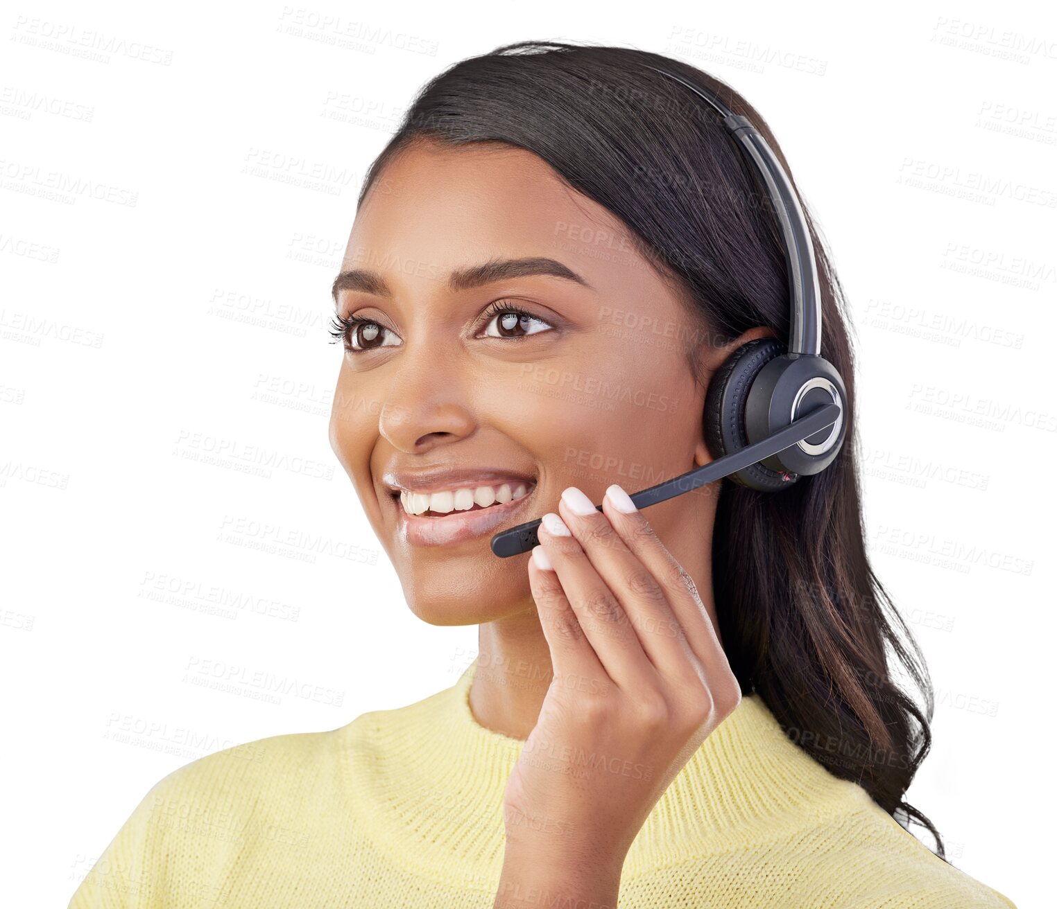 Buy stock photo Call center, face of woman and consultant smile for customer service, faq or isolated on transparent png background. Indian female, telemarketing agent and thinking of CRM advice, sales and questions