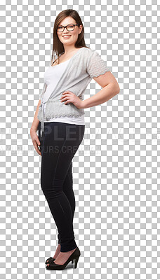 Buy stock photo Plus size, portrait and creative woman or writer, editor with confidence and professional career on transparent, isolated or png background. Girl with glasses, author or businesswoman with a job