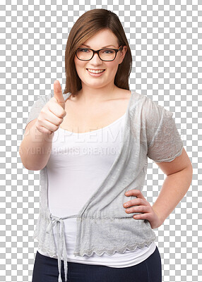 Buy stock photo Portrait, plus size and woman with thumbs up or glasses in png or isolated or transparent background. Happy, girl and yes sign with confidence or smile with success or winner with agreement. 