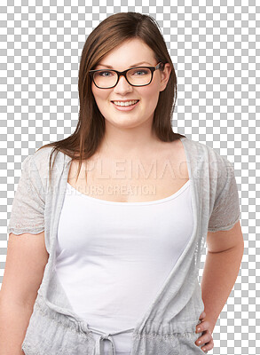 Buy stock photo Plus size, portrait and a woman with glasses and a smile for confidence, beauty and casual style. Face of a young female model person isolated on a transparent, png background for fashion or eye care