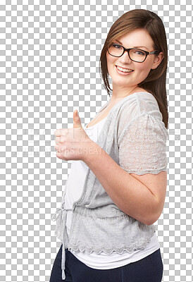 Buy stock photo Plus size, portrait and a woman with thumbs up hand sign for confidence, beauty and casual style. Young female model person isolated on a transparent, png background for support, thank you or yes