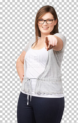 Buy stock photo Plus size, woman and a portrait pointing at you with hand for accountability, choice and motivation. Young female model person isolated on a transparent, png background for nomination announcement