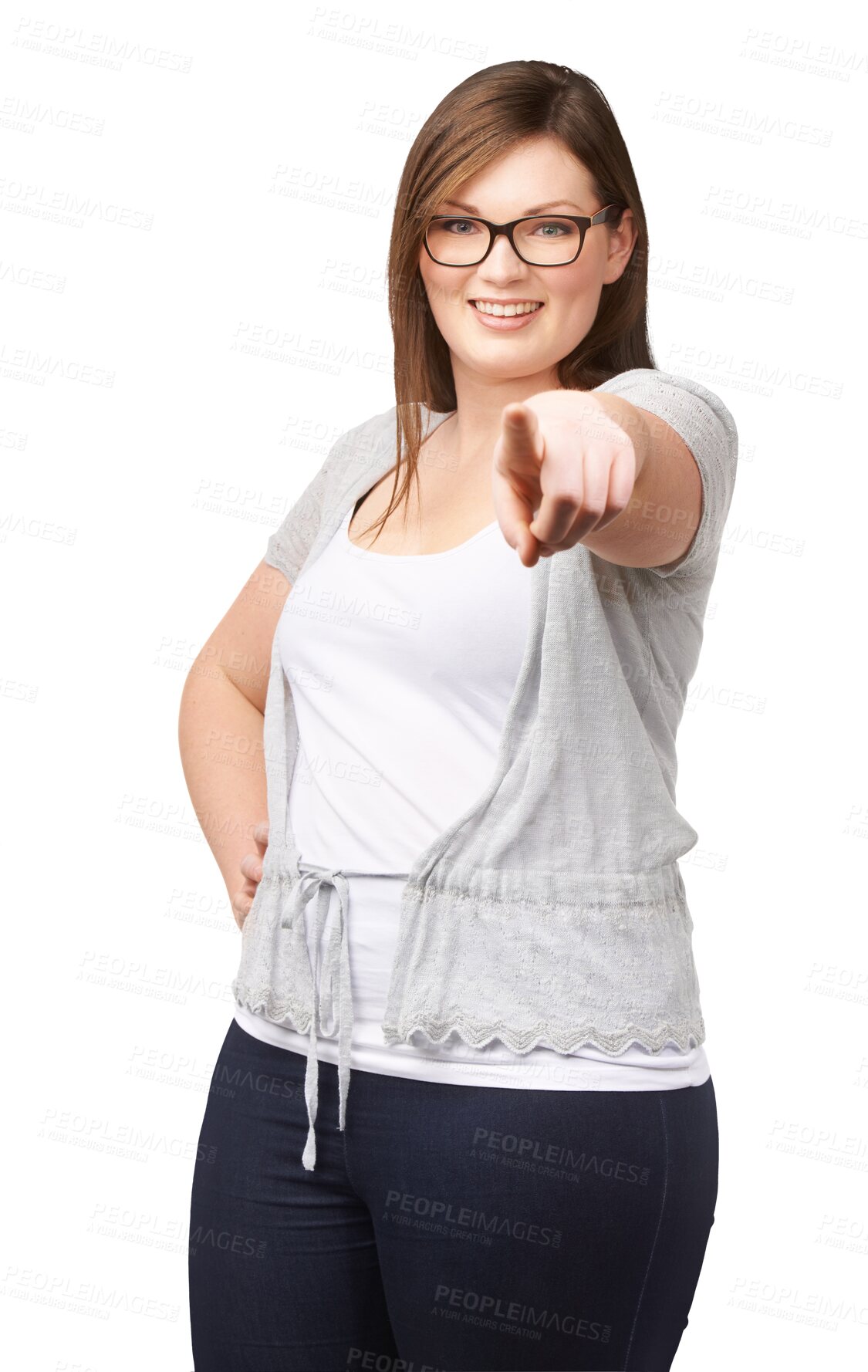 Buy stock photo Plus size, woman and a portrait pointing at you with hand for accountability, choice and motivation. Young female model person isolated on a transparent, png background for nomination announcement