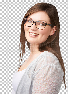 Buy stock photo Happy, smile and portrait of a woman with glasses for eye care, vision and healthcare with confidence. Happiness, excited and young female model with spectacles isolated by transparent png background