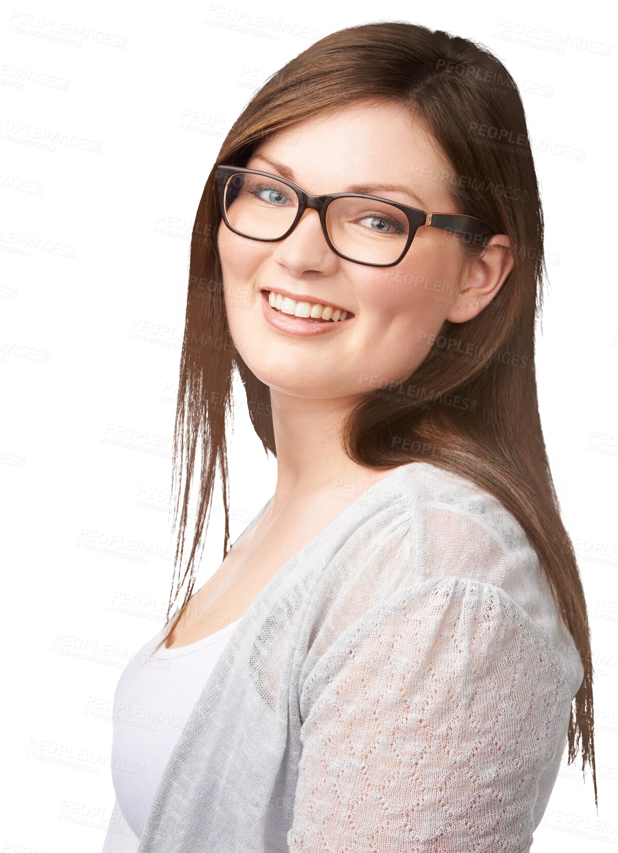 Buy stock photo Happy, smile and portrait of a woman with glasses for eye care, vision and healthcare with confidence. Happiness, excited and young female model with spectacles isolated by transparent png background