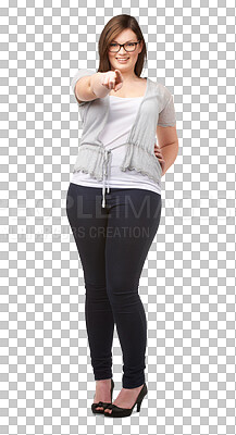 Buy stock photo Woman, plus size and a hand pointing at you for choice, accountability and casual portrait. Young female model person isolated on a transparent, png background for decision, winner or announcement