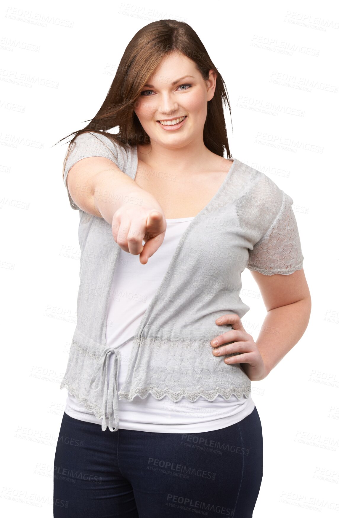 Buy stock photo Happy, portrait and plus size woman pointing to you for choice, decision or direction isolated on a transparent png background. Smile, selection and person with hand for option, opportunity or offer