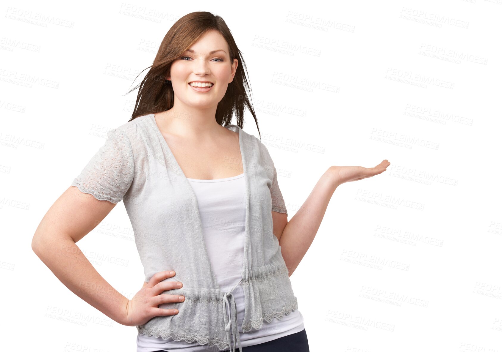 Buy stock photo Woman, plus size and happy presenting with portrait of model with smile isolated on a transparent, png background. Promotion, sale and announcement of a female person showing offer and confidence