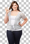 Portrait, smile and woman with ok sign, support and girl isolated against a transparent background. Female person, perfect and model with hand gesture, emoji and agreement with okay, png and feedback