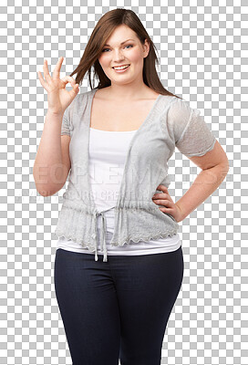 Portrait, smile and woman with ok sign, support and girl isolated against a transparent background. Female person, perfect and model with hand gesture, emoji and agreement with okay, png and feedback