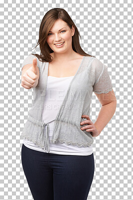 Buy stock photo Plus size, woman and thumbs up with success in portrait for png or isolated and transparent background. Girl, happy and face and confidence with yes sign or gesture for success,  thank you or winner.