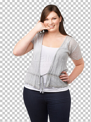 Buy stock photo Plus size, portrait and a woman with call me hand sign for flirting, communication and casual style. Young female model person isolated on transparent, png background for contact information or chat