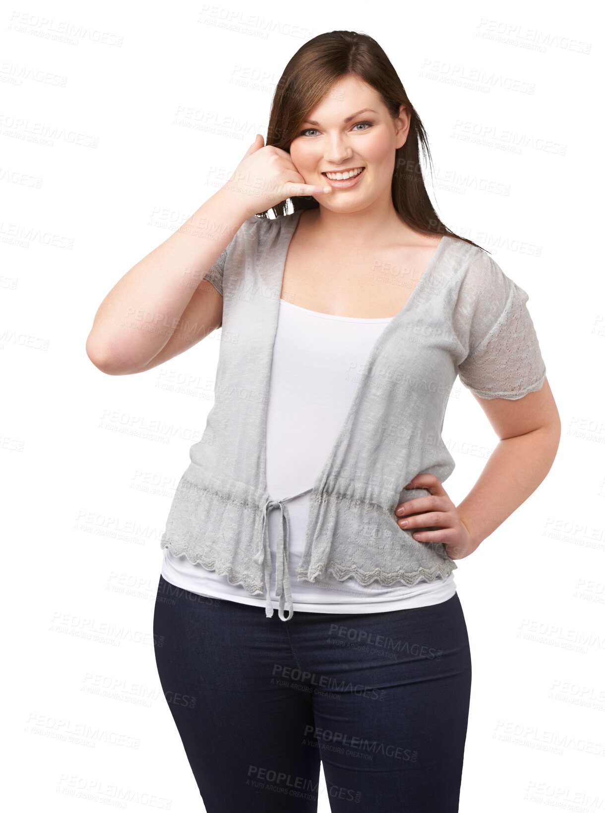 Buy stock photo Plus size, portrait and a woman with call me hand sign for flirting, communication and casual style. Young female model person isolated on transparent, png background for contact information or chat