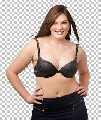 Buy stock photo Portrait of woman, plus size and happy with a bra, underwear or lingerie on transparent, isolated or png background. Body positivity, natural beauty and girl with healthy curves and confidence