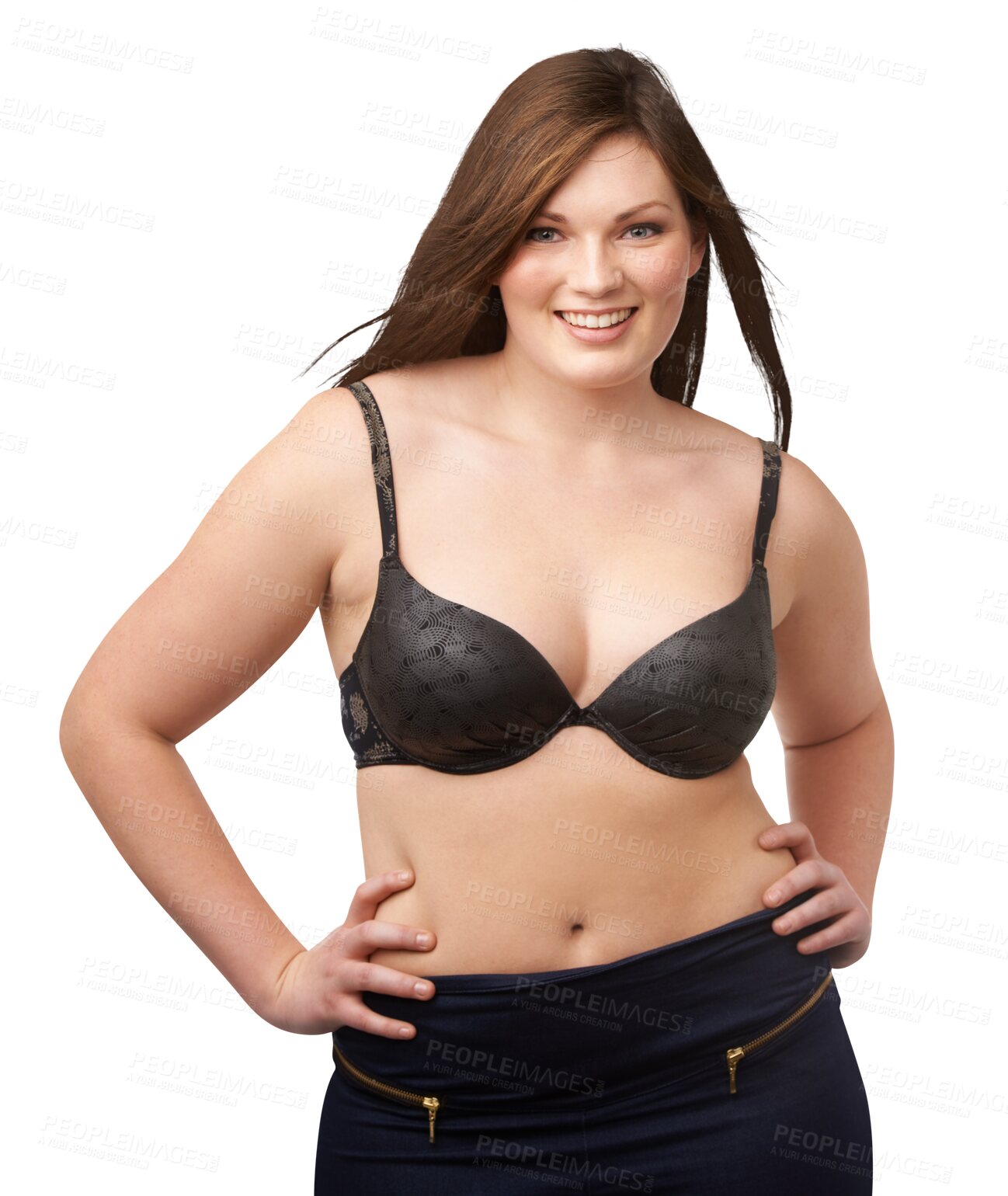 Buy stock photo Portrait of woman, plus size and happy with a bra, underwear or lingerie on transparent, isolated or png background. Body positivity, natural beauty and girl with healthy curves and confidence