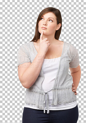 Buy stock photo Plus size, thinking and a woman with hand on chin for idea, solution or problem solving. Young female model person isolated on a transparent, png background for memory, faq and brainstorming or plan