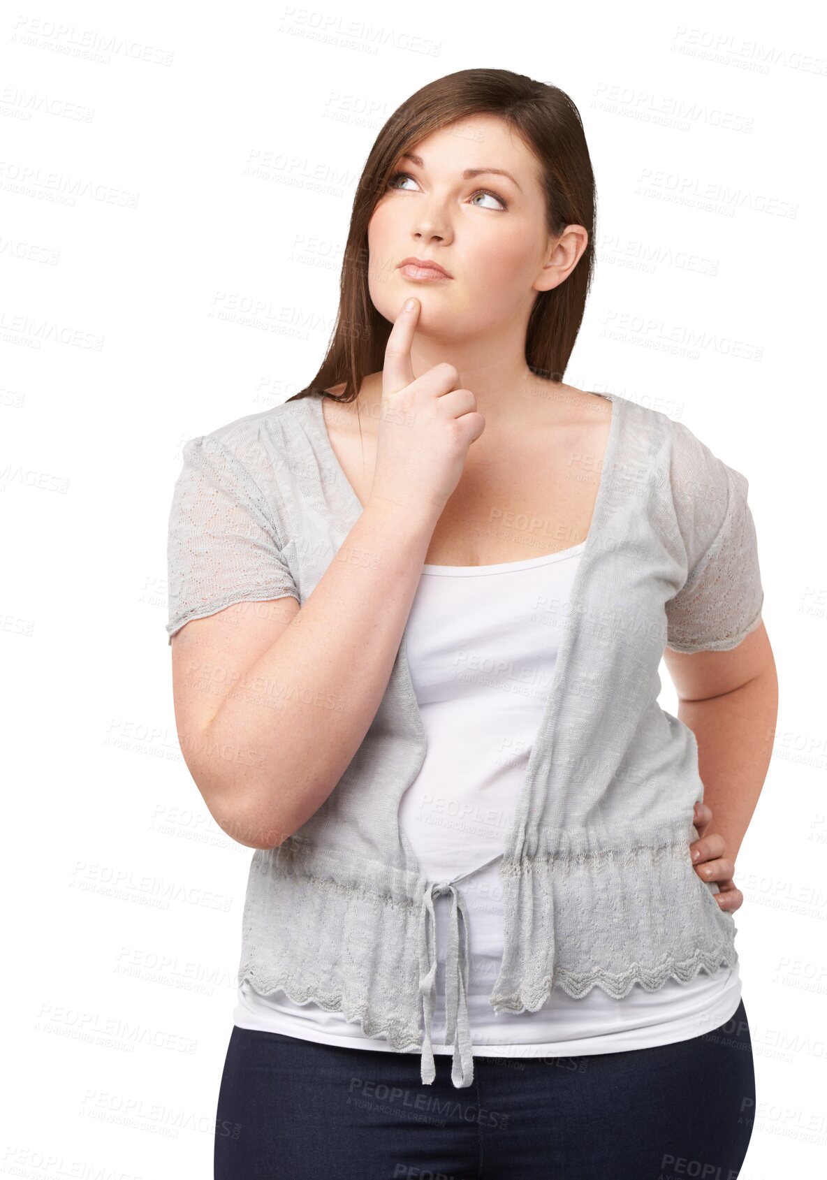 Buy stock photo Plus size, thinking and a woman with hand on chin for idea, solution or problem solving. Young female model person isolated on a transparent, png background for memory, faq and brainstorming or plan