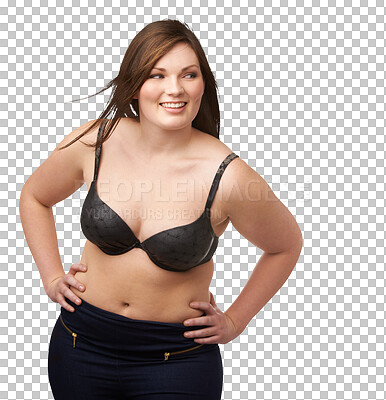 Buy stock photo Portrait of woman, plus size and happy with a bra, underwear or lingerie on transparent, isolated or png background. Body positivity mockup, natural beauty and girl with healthy curves and confidence