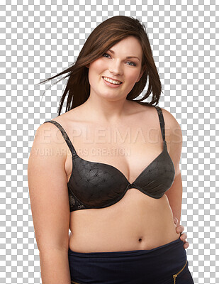 Buy stock photo Plus size, underwear and portrait of woman with confidence in bra, underwear or lingerie on transparent, isolated or png background. Body positivity mockup, natural beauty and girl with curves