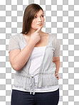 Woman, thinking and decision with vision and choice, young plus size model with ideas isolated on png transparent background. Inspiration, mindset and FAQ, female person and questions with memory