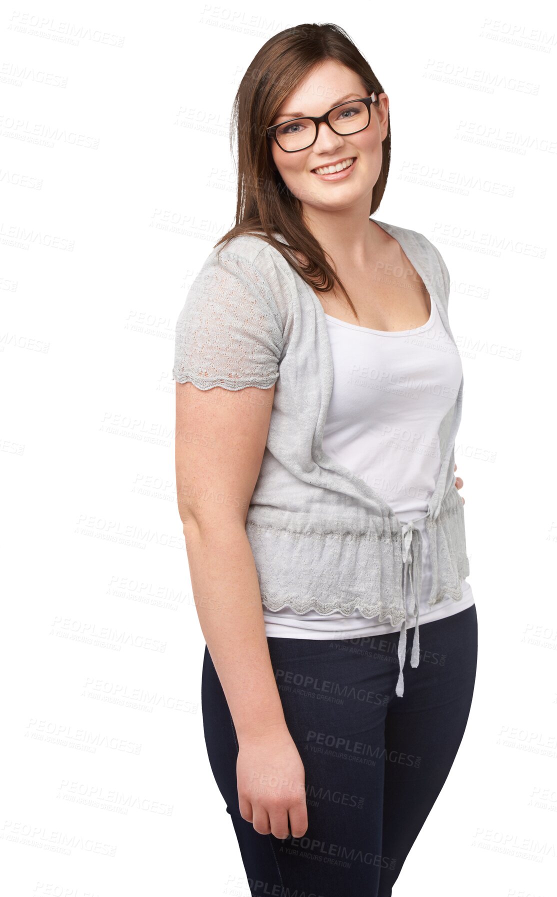 Buy stock photo Happy, style and portrait of a woman with spectacles for eye care, vision and body positivity confidence. Happiness, excited and young female model with glasses isolated by transparent png background