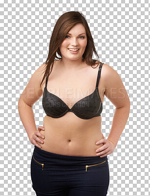 Buy stock photo Portrait of woman, plus size and happy with underwear, bra or lingerie on transparent, isolated or png background. Body positivity mockup, natural beauty and girl with healthy curves and breasts