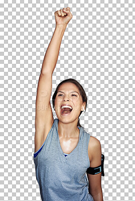 Buy stock photo Winning, fitness and dancing woman excited for workout, exercise and isolated in a transparent or png background. Happy, wellness and young female person or sports athlete winning at training