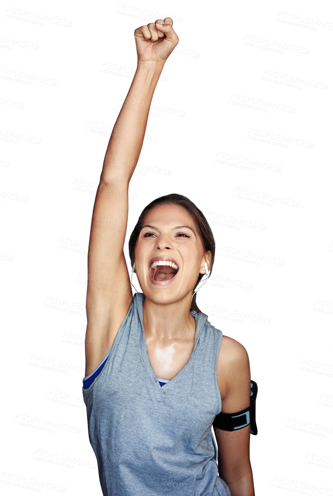 Buy stock photo Winning, fitness and dancing woman excited for workout, exercise and isolated in a transparent or png background. Happy, wellness and young female person or sports athlete winning at training