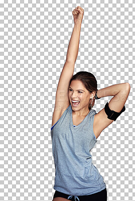 Buy stock photo Celebrate, fitness and woman excited for workout, exercise and isolated in a transparent or png background. Dancing, wellness and happy young female person or sports athlete winning at training