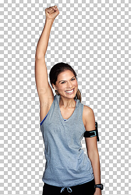 Buy stock photo Celebrate, fitness and portrait of woman excited for workout, exercise and isolated in a transparent or png background. Body, wellness and young healthy person or sports athlete winning at training