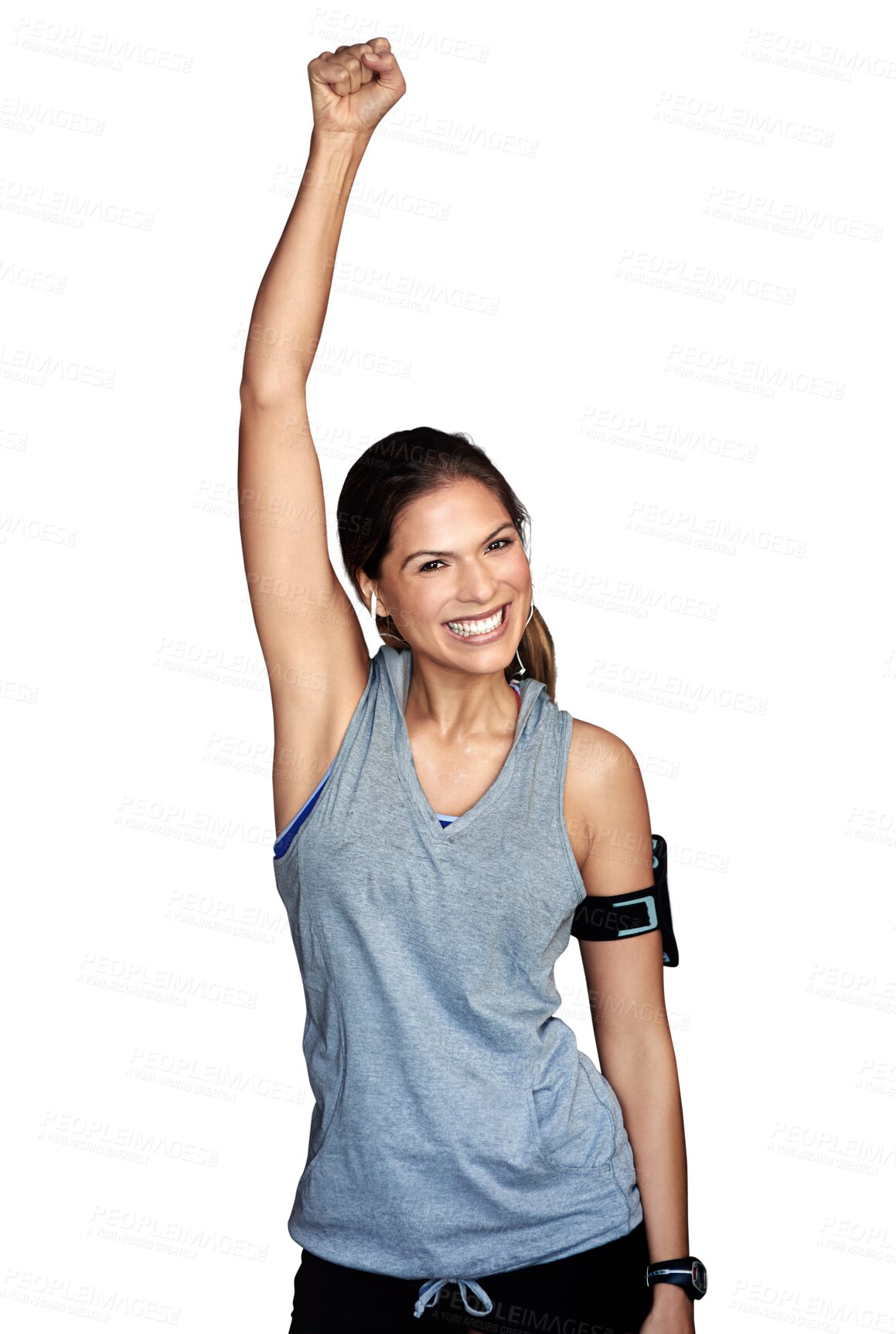 Buy stock photo Celebrate, fitness and portrait of woman excited for workout, exercise and isolated in a transparent or png background. Body, wellness and young healthy person or sports athlete winning at training